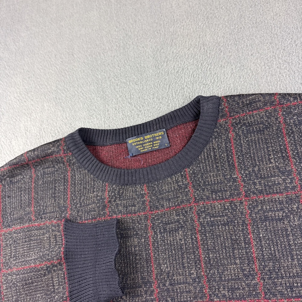 Brooks Brothers Sweater Mens L Gray Red Plaid Merino Wool Crewneck Italy Grandpa